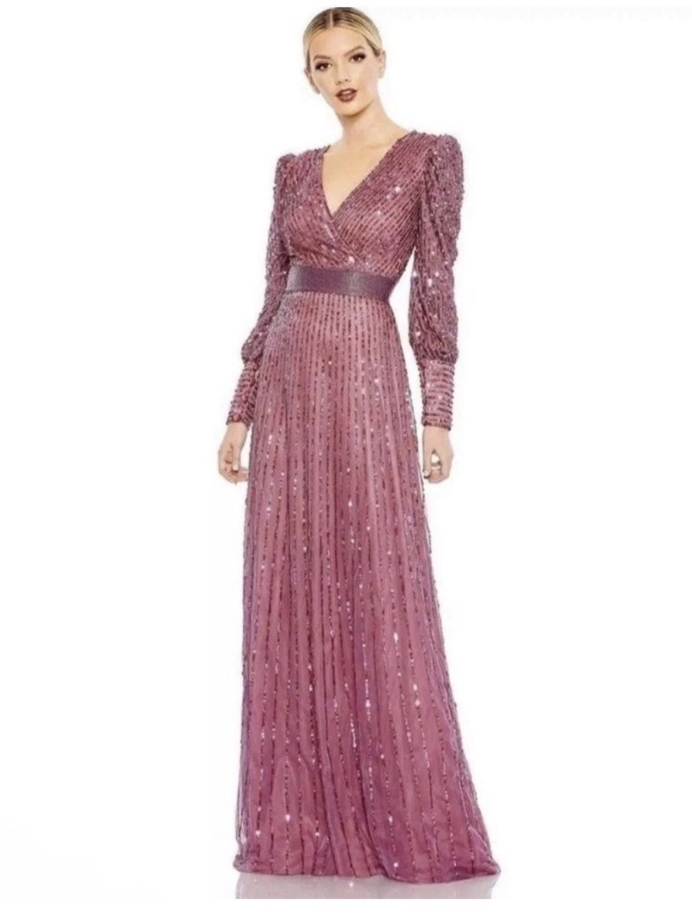 Mac Duggal Elegant Mauve Sequin wrap Long sleeve V-Neck Evening Gown Size 8